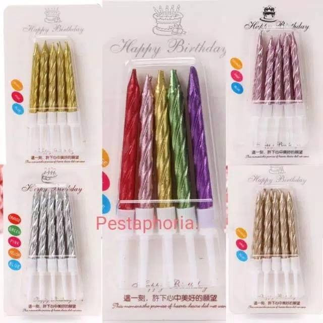 Lilin Ulang Tahun Ulir / Spiral Pendek Gold Silver Pink Champagne Gold  isi 10 pcs