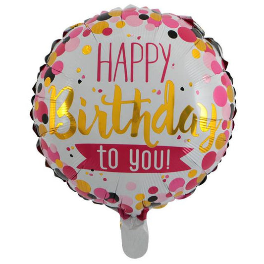 Balon Foil HBD Bulat Happy Birthday to You Polkadot Gold Pink Black