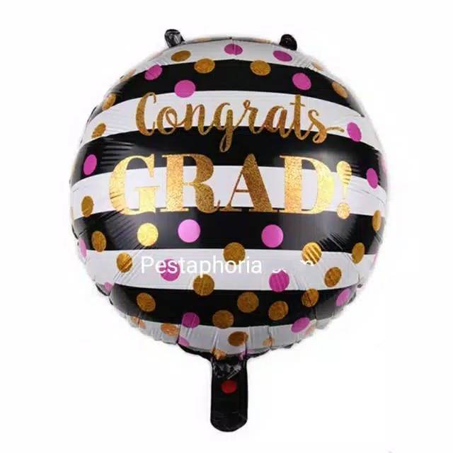 Balon Foil Wisuda / Graduation / Toga Stripe Black Congrats Grad Gold Size 70 cm