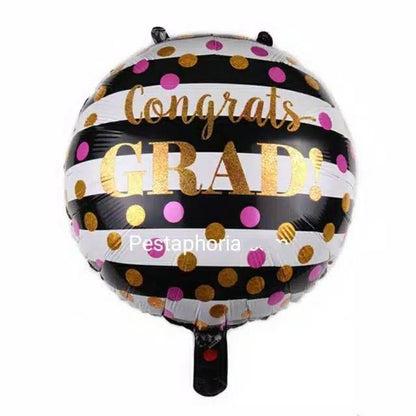 Balon Foil Wisuda / Graduation / Toga Stripe Black Congrats Grad Gold Size 70 cm