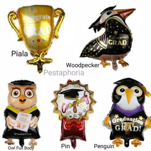 Balon Foil Graduation/ Grad / Wisuda Piala, Woodpecker, Pin, Penguin, Owl Jumbo