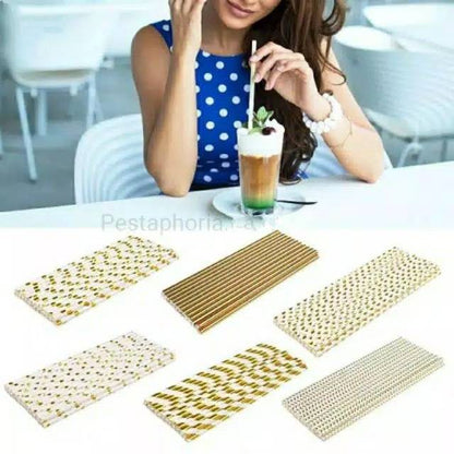 Paper Straw/Sedotan Kertas Gold/Silver/Rose Gold Polos Polkadot Astor Chevron