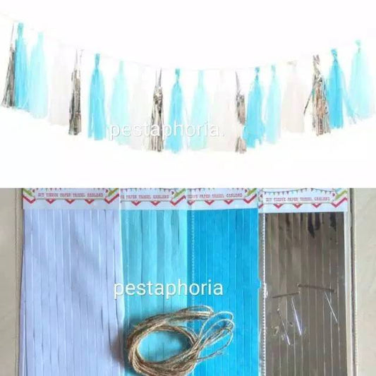 Tassel Garland Tissue DIY Set isi 20 pcs Warna Biru / Blue Silver