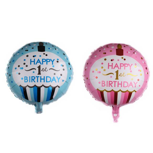 Balon Foil Bulat HBD Happy 1st Birthday Cupcake Size 45 cm