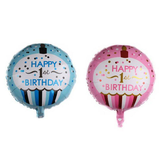 Balon Foil Bulat HBD Happy 1st Birthday Cupcake Size 45 cm
