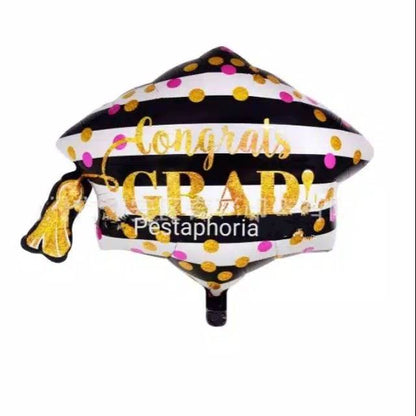 Balon Foil Wisuda / Graduation / Toga Stripe Black Congrats Grad Gold Size 70 cm