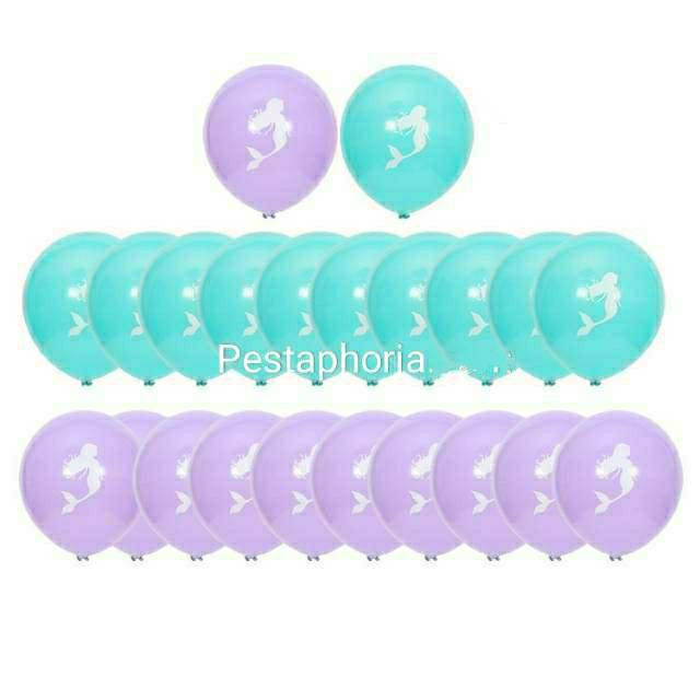 Set isi 10 Balon Latex Mermaid Size 10 inch dan Banner HBD Happy Birthday Mermaid Tail