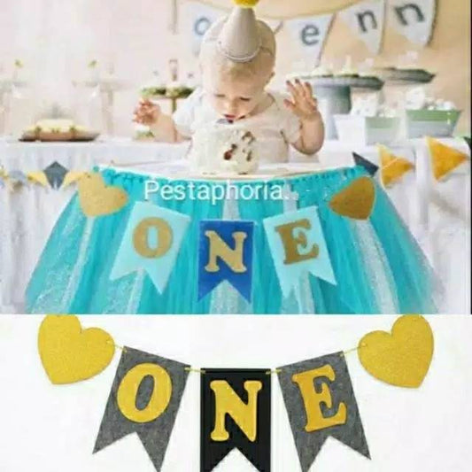 Banner Flannel 1st Birthday One Warna Biru / Blue dan Black / Hitam