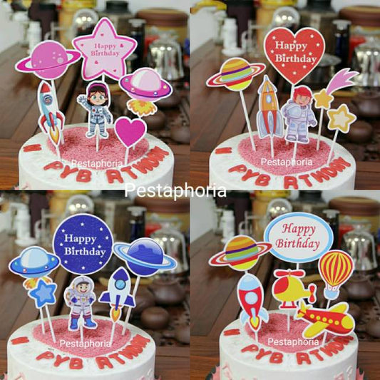 Cake Topper Happy Birthday Astronot / Rocket / Planet