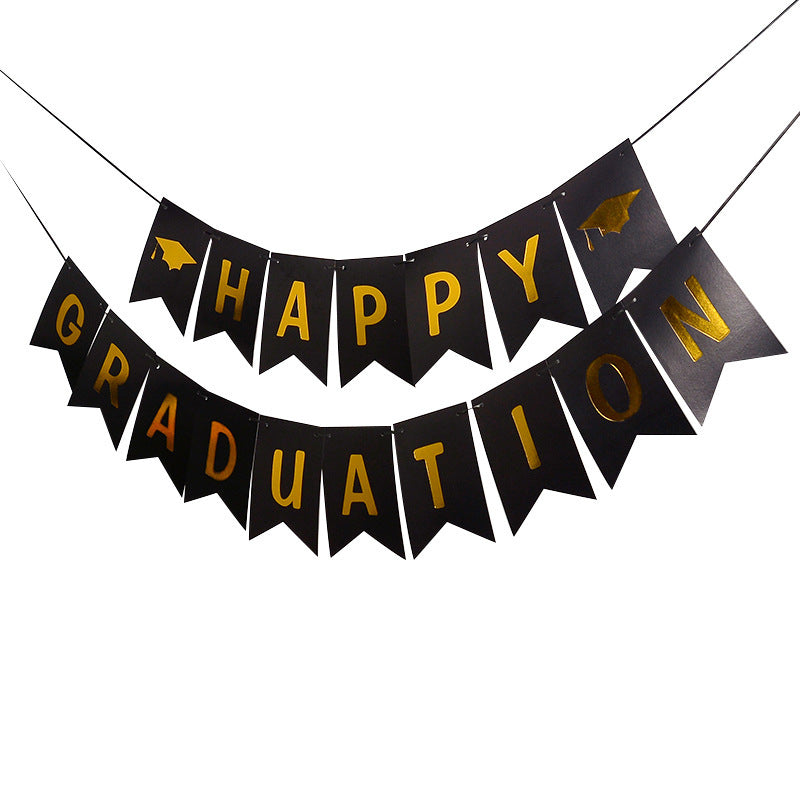 Bunting Flag / Banner Wisuda / Happy Graduation Hot Print Gold Warna Hitam