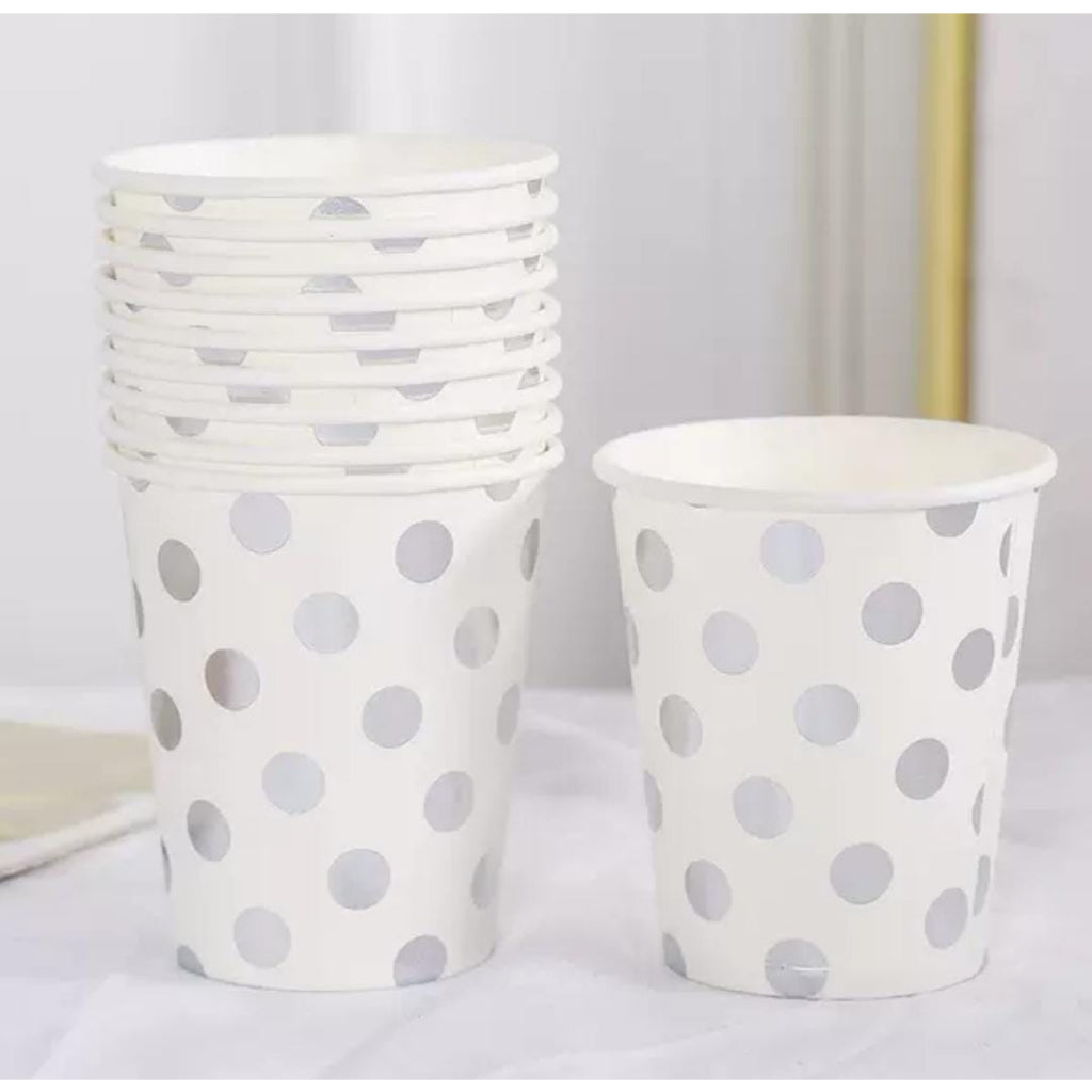 Paper Cup & Paper Plate / Gelas / Piring  Kertas Motif Polkadot Putih List Gold