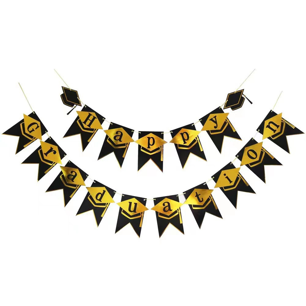 Bunting Flag / Banner Wisuda / Happy Graduation Toga Hitam Print Gold
