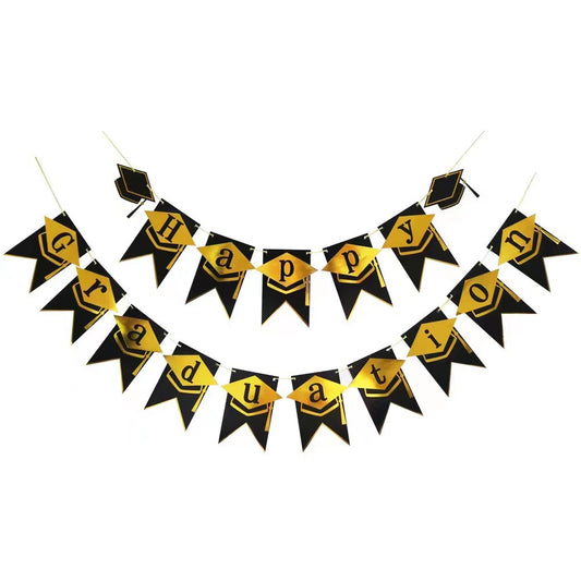 Bunting Flag / Banner Wisuda / Happy Graduation Toga Hitam Print Gold