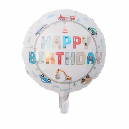Balon Foil Bulat Happy Birthday Transportasi Putih 45 cm