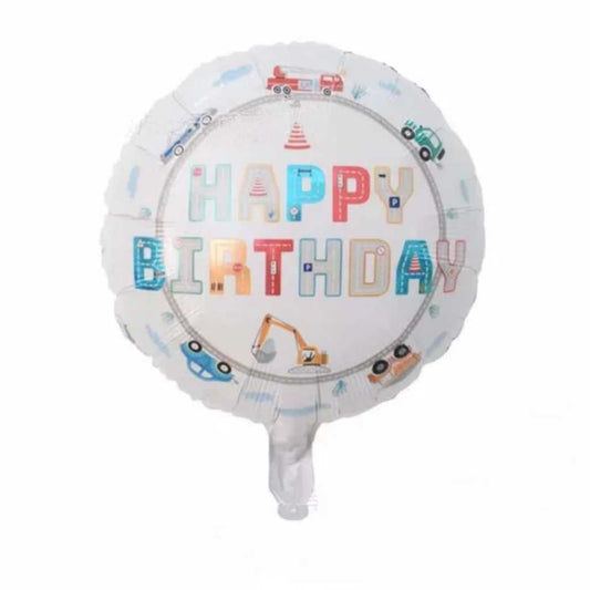 Balon Foil Bulat Happy Birthday Transportasi Putih 45 cm