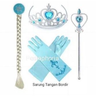 1 Set isi 4 item Aksesoris Frozen Elsa ( Mahkota, Tongkat, Wig, Sarung Tangan BORDIR )