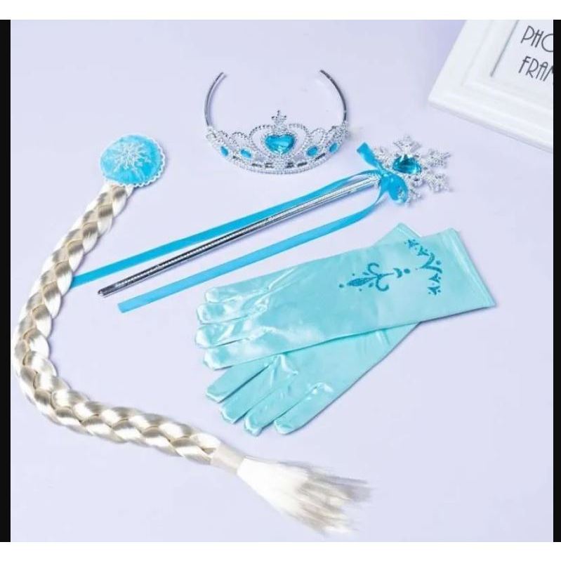 1 Set isi 4 item Aksesoris Frozen Elsa ( Mahkota, Tongkat, Wig, Sarung Tangan BORDIR )