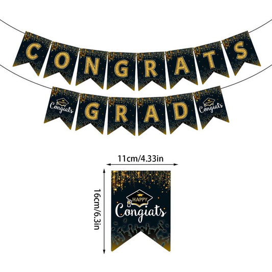 Bunting Flag / Banner Wisuda / Happy Graduation Hot Print Gold Warna Hitam