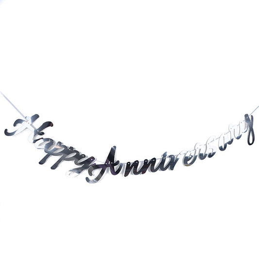 Banner Happy Anniversary Latin Laser Cut Sambung Warna Silver