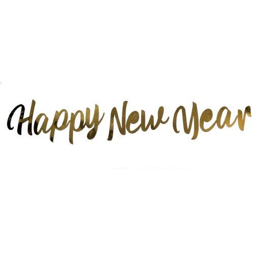 Banner Happy New Year Latin Laser Cut Sambung Warna Gold