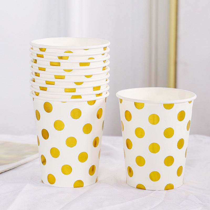 Paper Cup & Paper Plate / Gelas / Piring  Kertas Motif Polkadot Putih List Gold