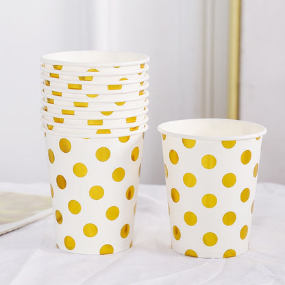 Paper Cup & Paper Plate / Gelas / Piring  Kertas Motif Polkadot Putih List Gold