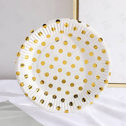 Paper Cup & Paper Plate / Gelas / Piring  Kertas Motif Polkadot Putih List Gold