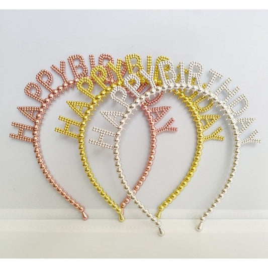 Bando Plastik / Headband Tulisan Happy Birthday Motif Pearl Metalik / Kilap