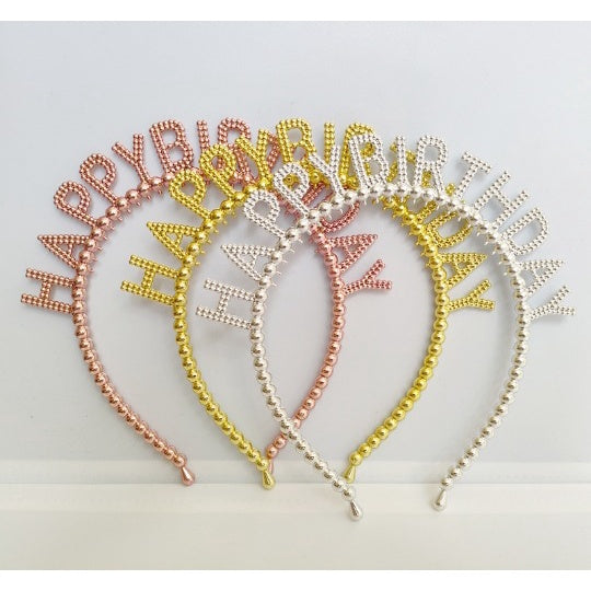 Bando Plastik / Headband Tulisan Happy Birthday Motif Pearl Metalik / Kilap