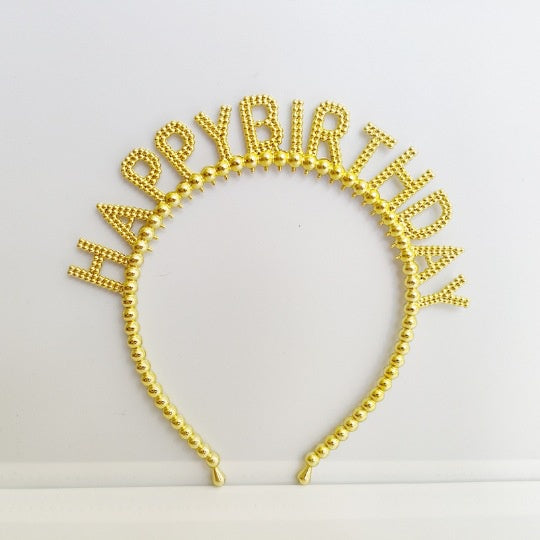 Bando Plastik / Headband Tulisan Happy Birthday Motif Pearl Metalik / Kilap