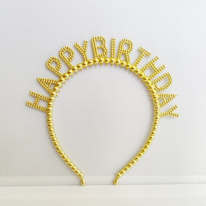 Bando Plastik / Headband Tulisan Happy Birthday Motif Pearl Metalik / Kilap