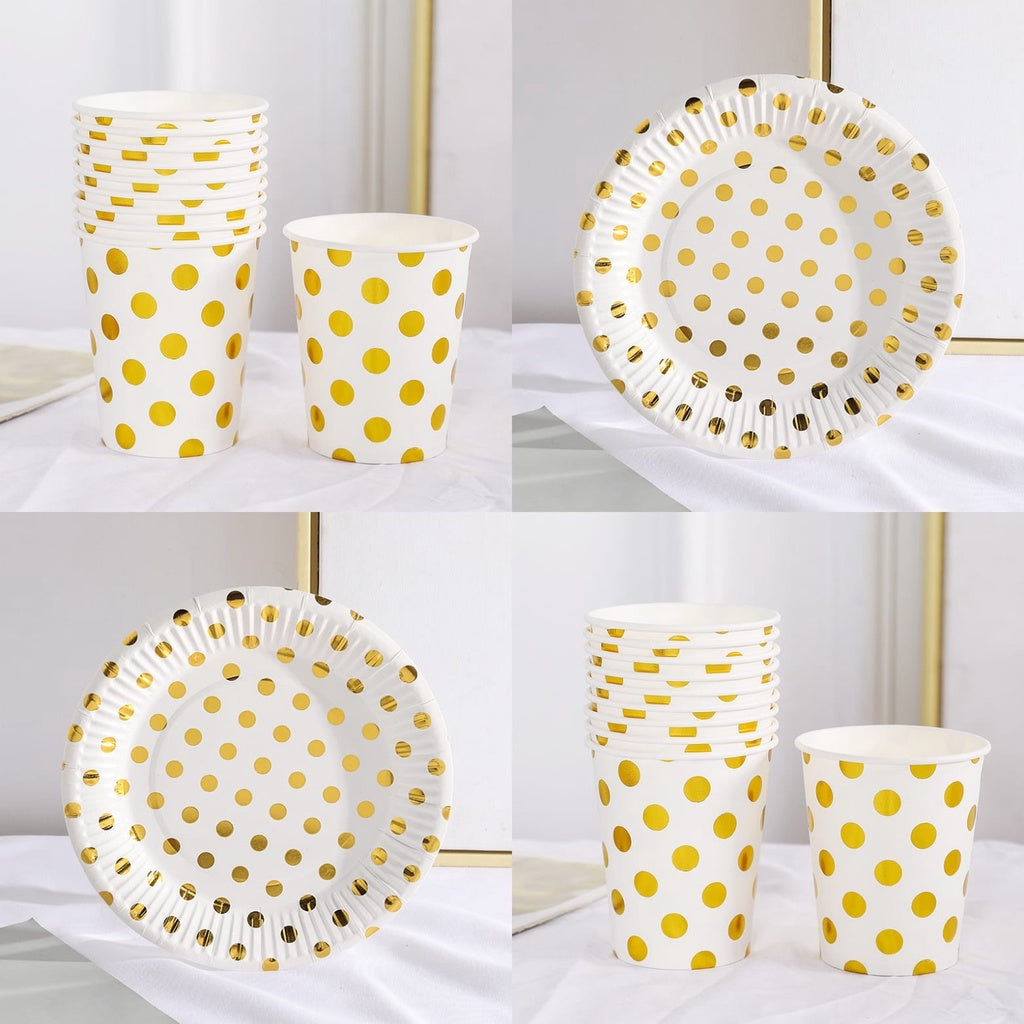 Paper Cup & Paper Plate / Gelas / Piring  Kertas Motif Polkadot Putih List Gold