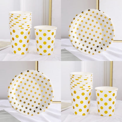 Paper Cup & Paper Plate / Gelas / Piring  Kertas Motif Polkadot Putih List Gold