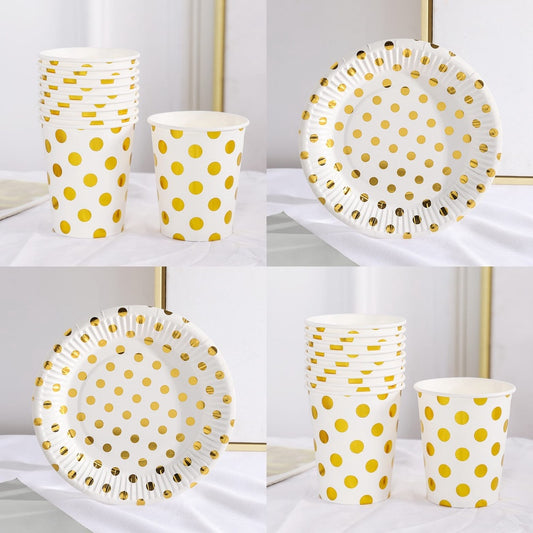 Paper Cup & Paper Plate / Gelas / Piring  Kertas Motif Polkadot Putih List Gold