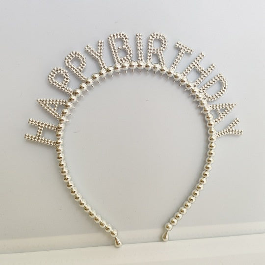 Bando Plastik / Headband Tulisan Happy Birthday Motif Pearl Metalik / Kilap
