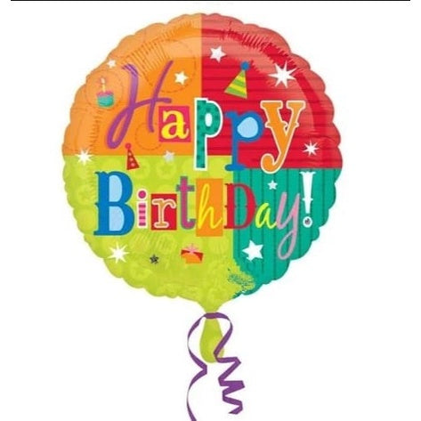Balon Foil HBD Bulat Happy Birthday Party Hat Star Orange Red Green Size 45cm