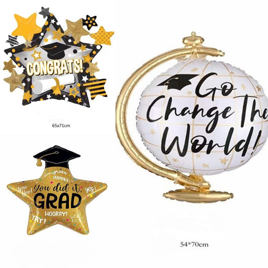 Balon Foil Graduation/Wisuda Globe/Wisuda Star Shape With Toga/Wisuda Star Gold Hitam