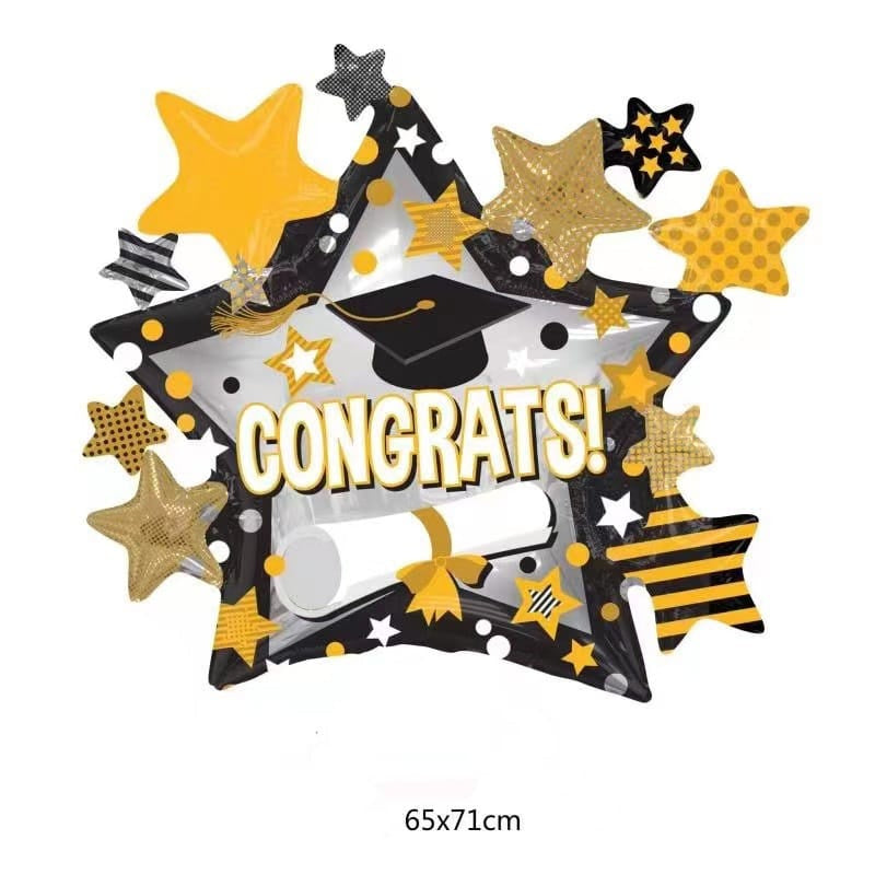 Balon Foil Graduation/Wisuda Globe/Wisuda Star Shape With Toga/Wisuda Star Gold Hitam
