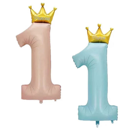 Balon Foil Angka 1 Crown Tulisan Prince Biru Pastel / Princess Pink Pastel Jumbo Size 124 cm