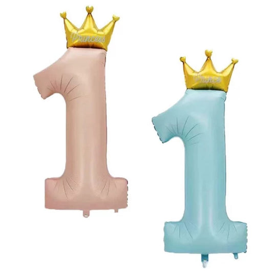 Balon Foil Angka 1 Crown Tulisan Prince Biru Pastel / Princess Pink Pastel Jumbo Size 124 cm